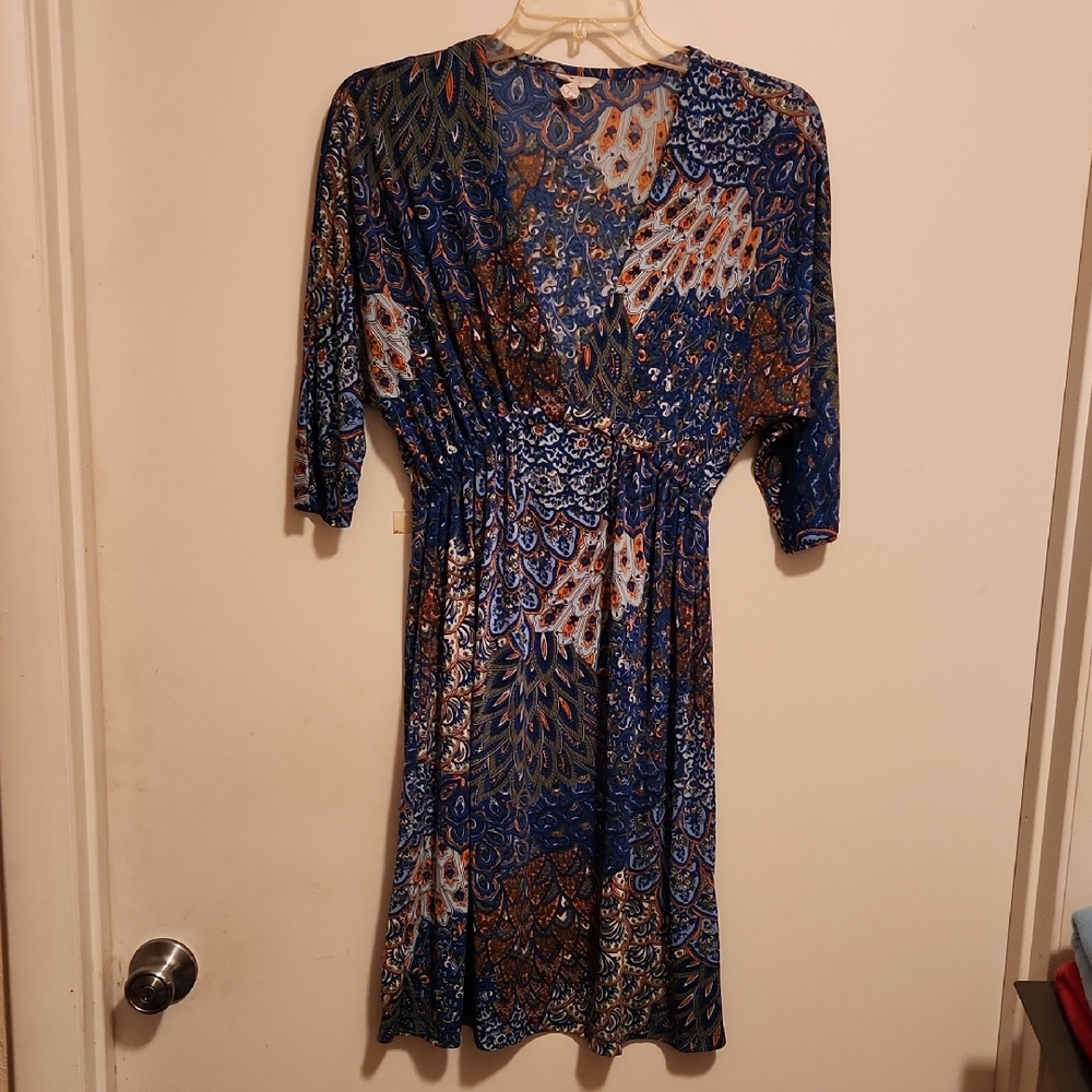 Chic Blue Patterned Long Sleeve Dress